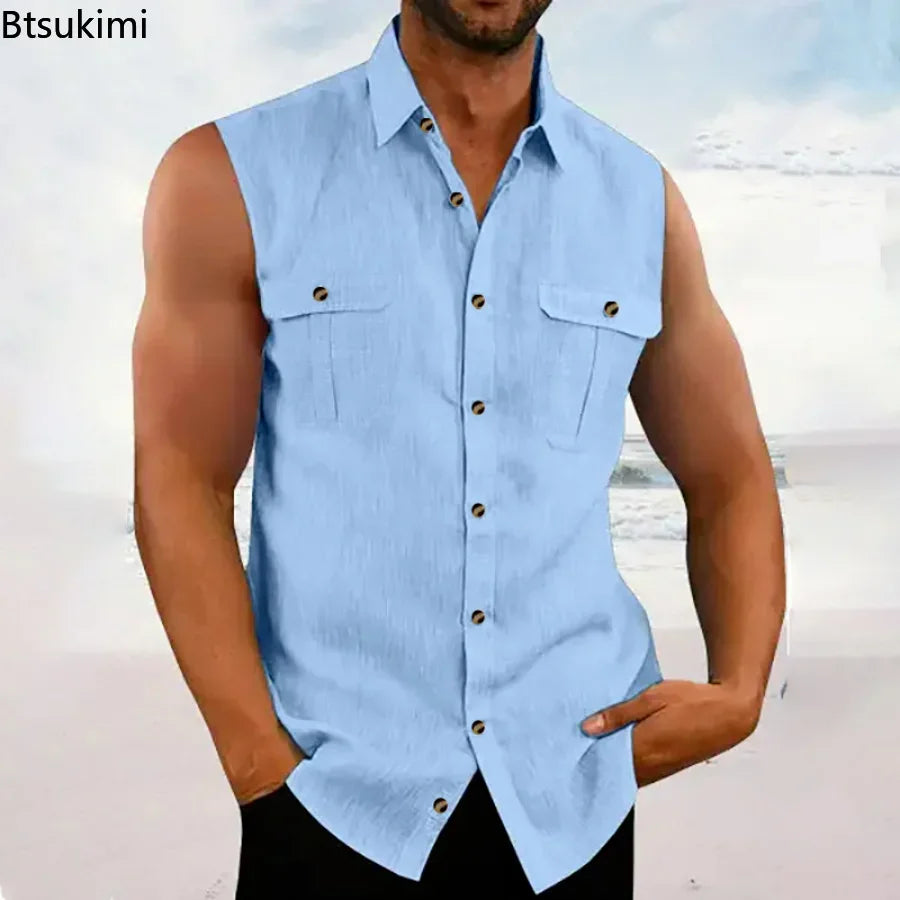Spring Summer Men's Leisure Cotton Linen Tank Tops Casual Solid Color Buttoned Lapel Sleeveless Vest Shirt