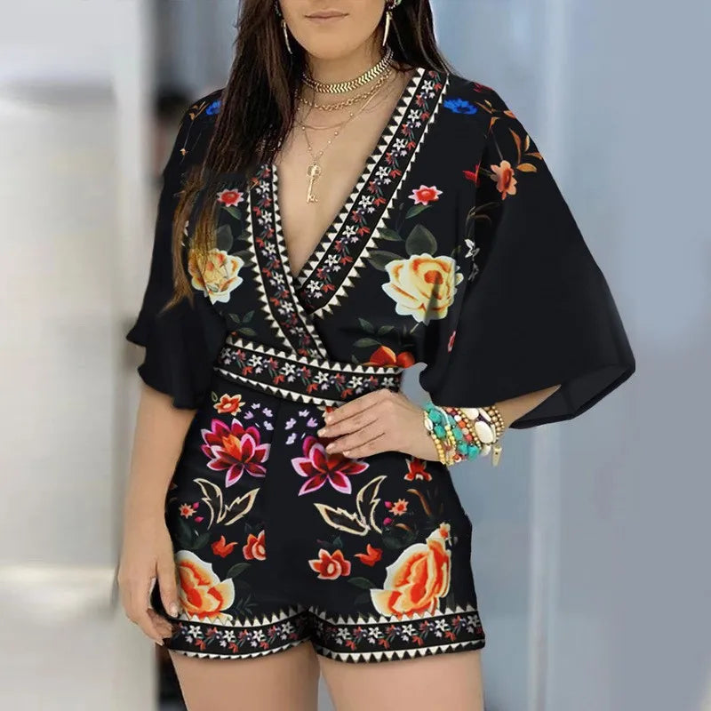 Women's Overalls V-neck Short Sleeve Romper Playsuit