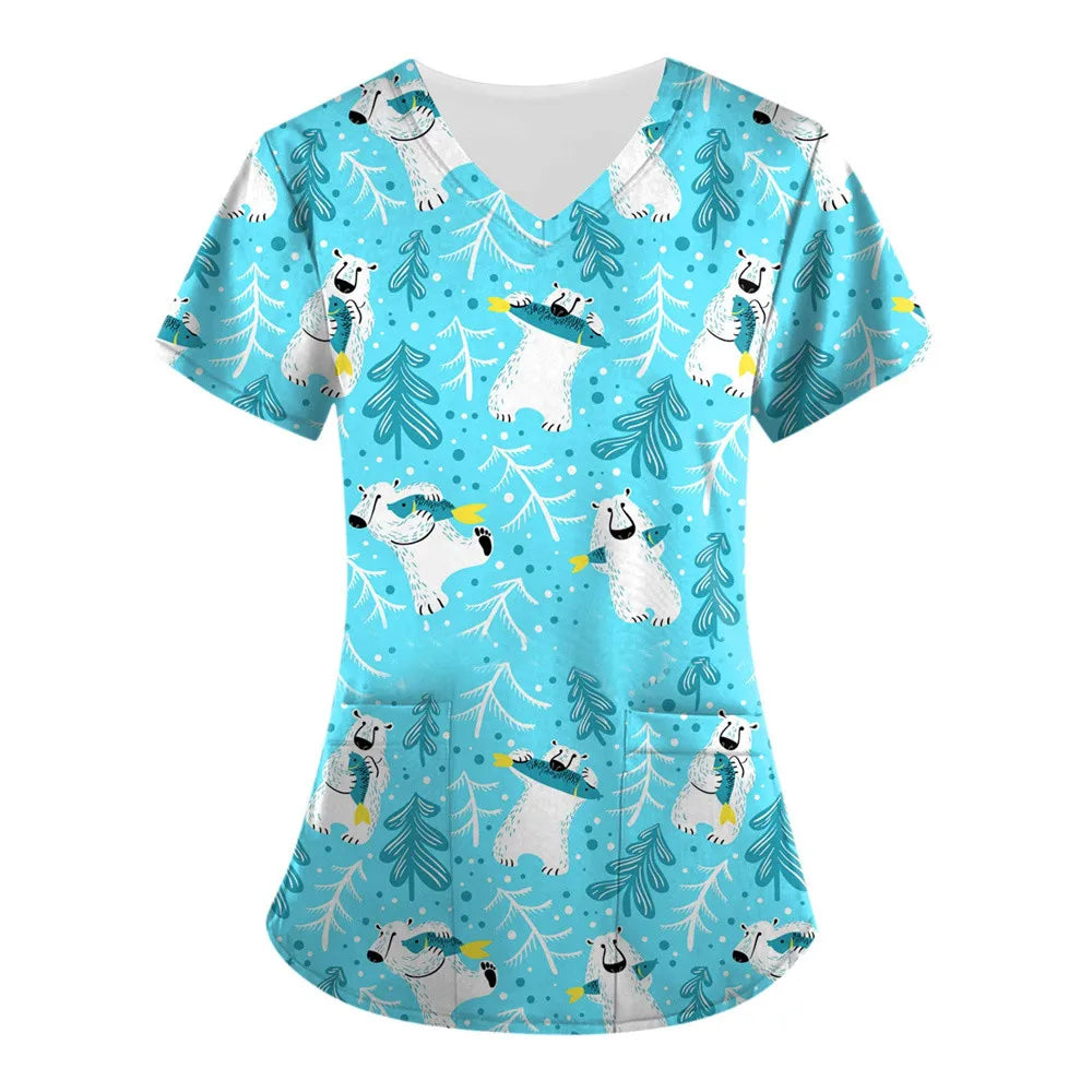Medical Nursing Uniform Cute Animals Print V-Neck Short Sleeve T Shirt
