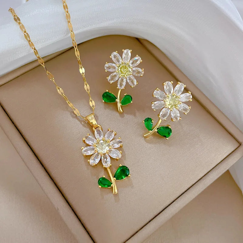 Green Leaf Flower Zircon Necklace and Earrings Set