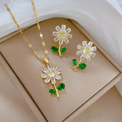 Green Leaf Flower Zircon Necklace and Earrings Set