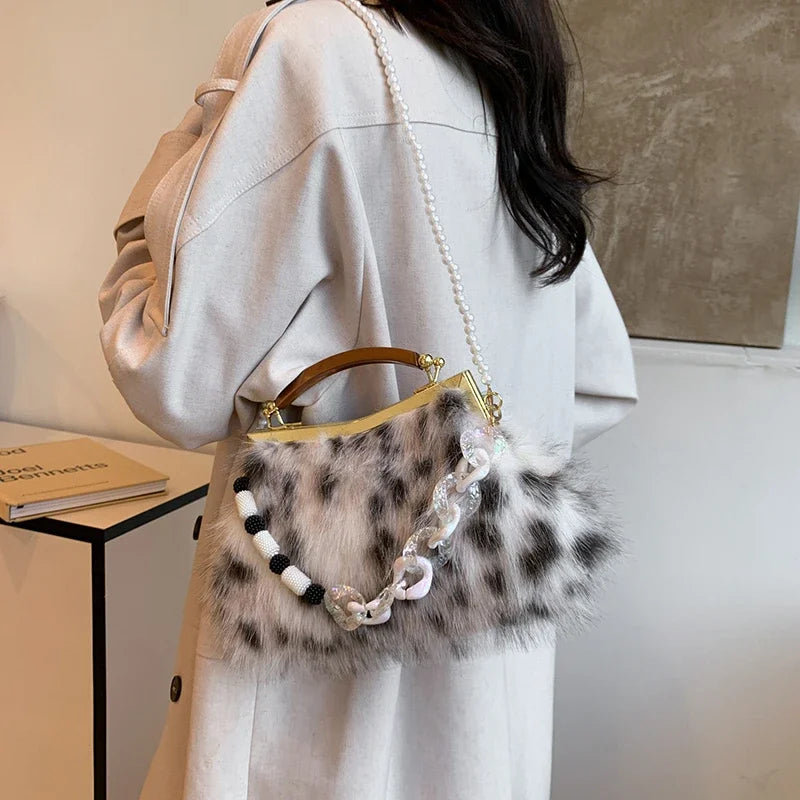 Women Luxury Leopard Faux Fur Wedding Purse