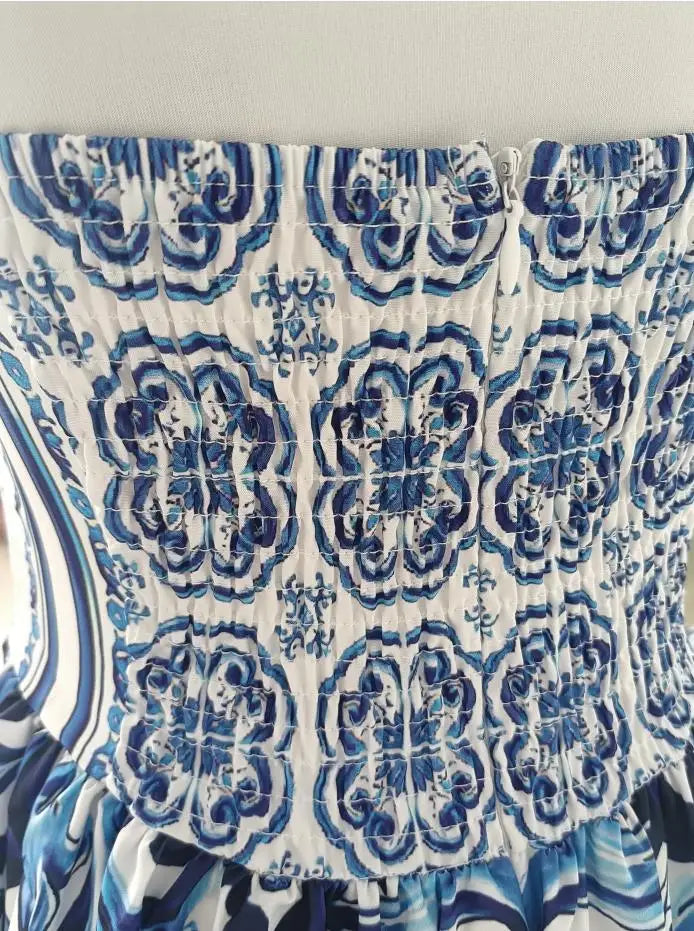 Summer Runway Red White Porcelain Floral Print Long Maxi