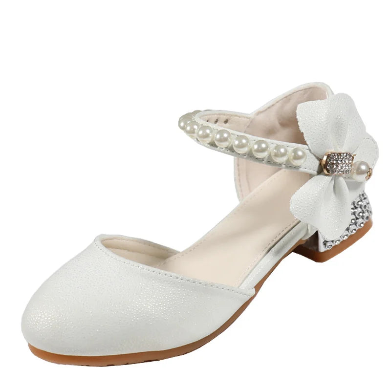 Children Girls Leather White Princess High Heel Kid Dress Student Show Dance Sandal Shoes