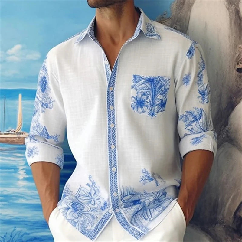 men's street casual bamboo long sleeved left patch pocket flip collar shirt