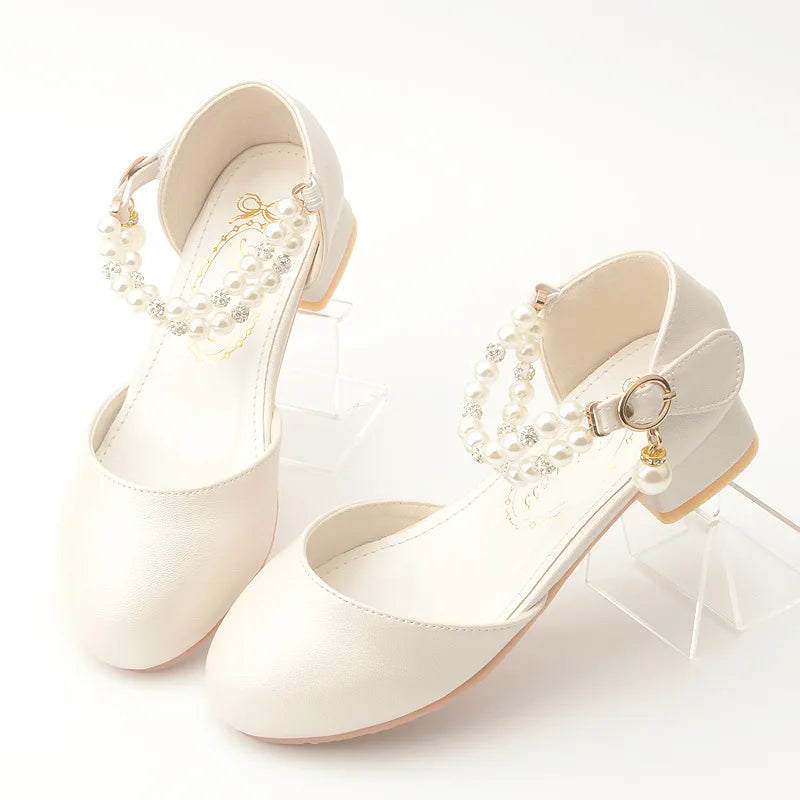 Children Girls Leather White Princess High Heel Kid Dress Student Show Dance Sandal Shoes