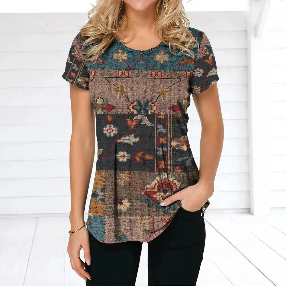 Women's O Neck Short Sleeve Blouse Oversized Ladies Tops