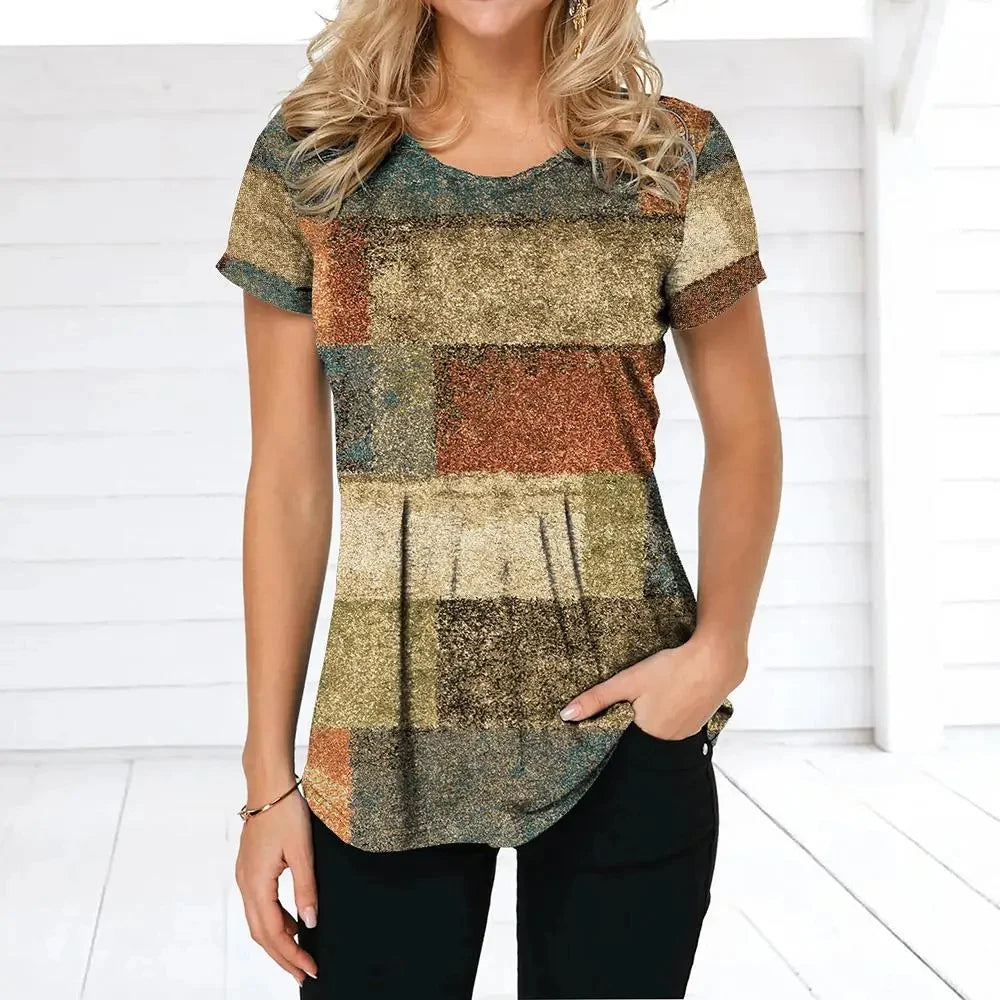 Women's O Neck Short Sleeve Blouse Oversized Ladies Tops