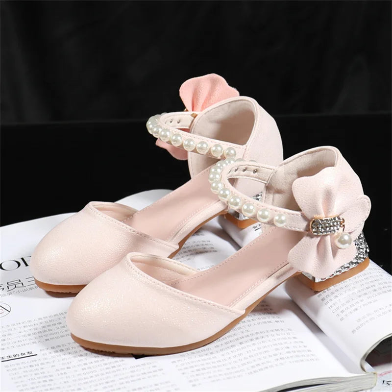 Children Girls Leather White Princess High Heel Kid Dress Student Show Dance Sandal Shoes
