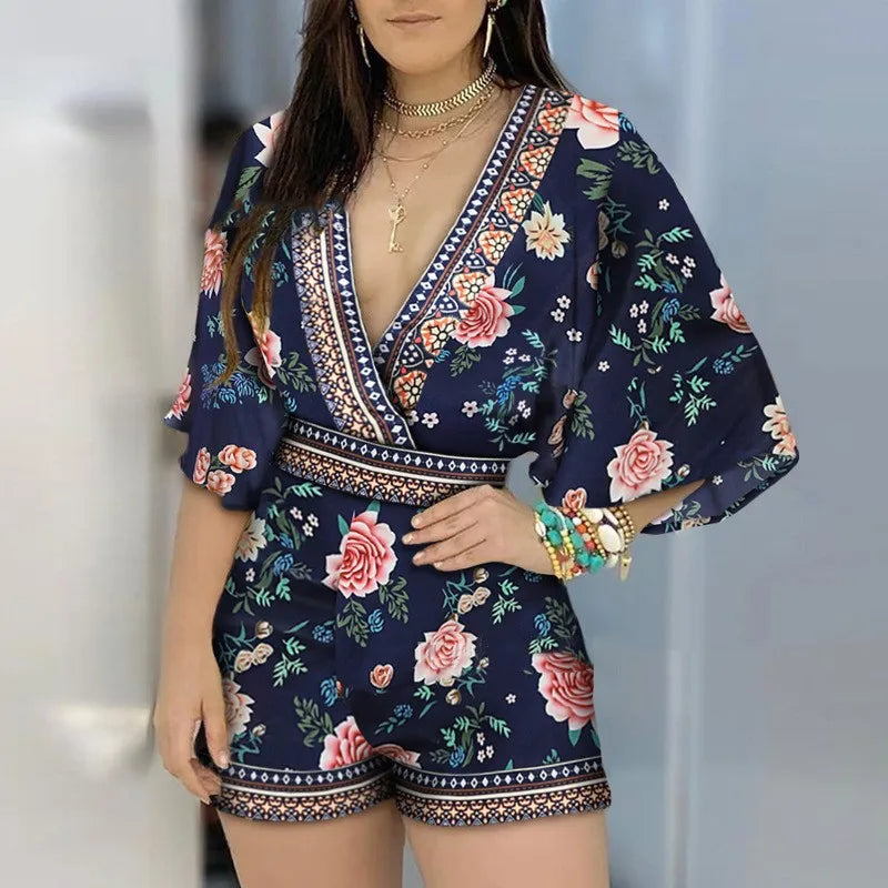 Women's Overalls V-neck Short Sleeve Romper Playsuit