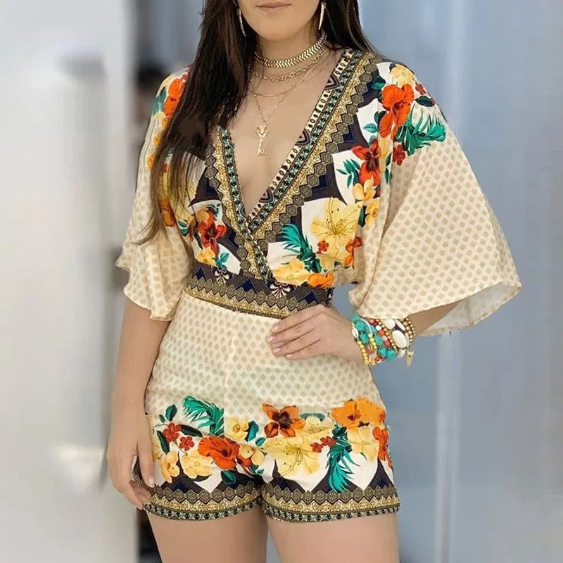 Women's Overalls V-neck Short Sleeve Romper Playsuit