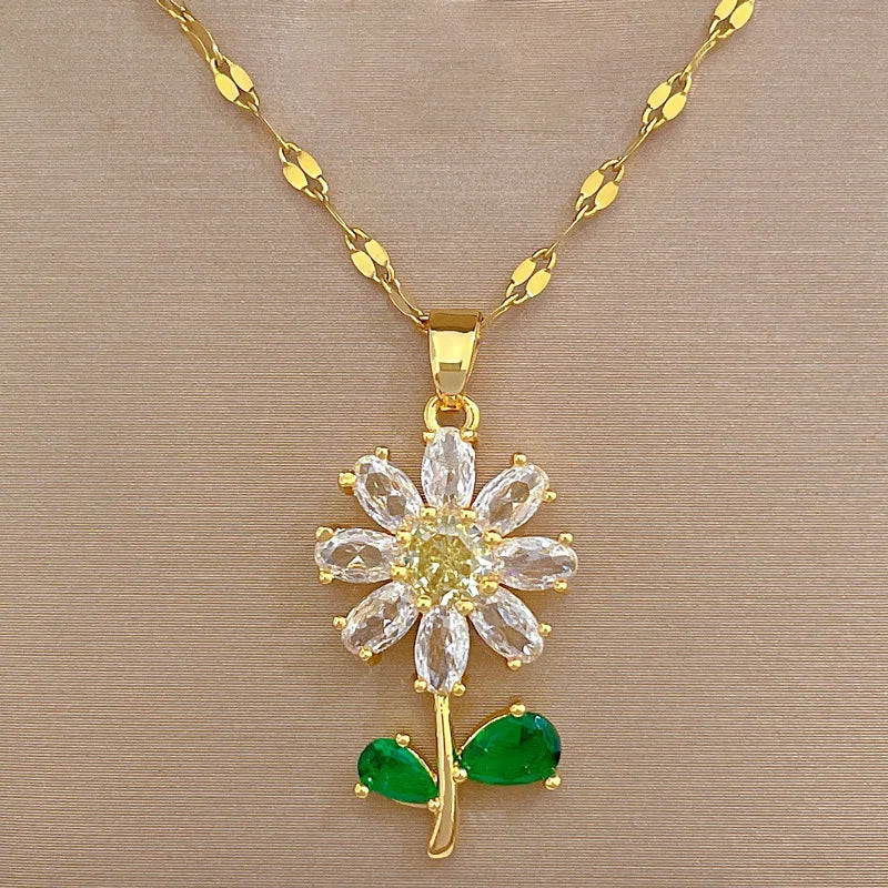 Green Leaf Flower Zircon Necklace and Earrings Set
