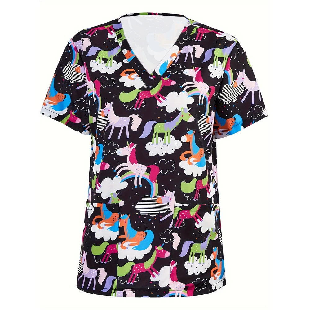 Medical Nursing Uniform Cute Animals Print V-Neck Short Sleeve T Shirt