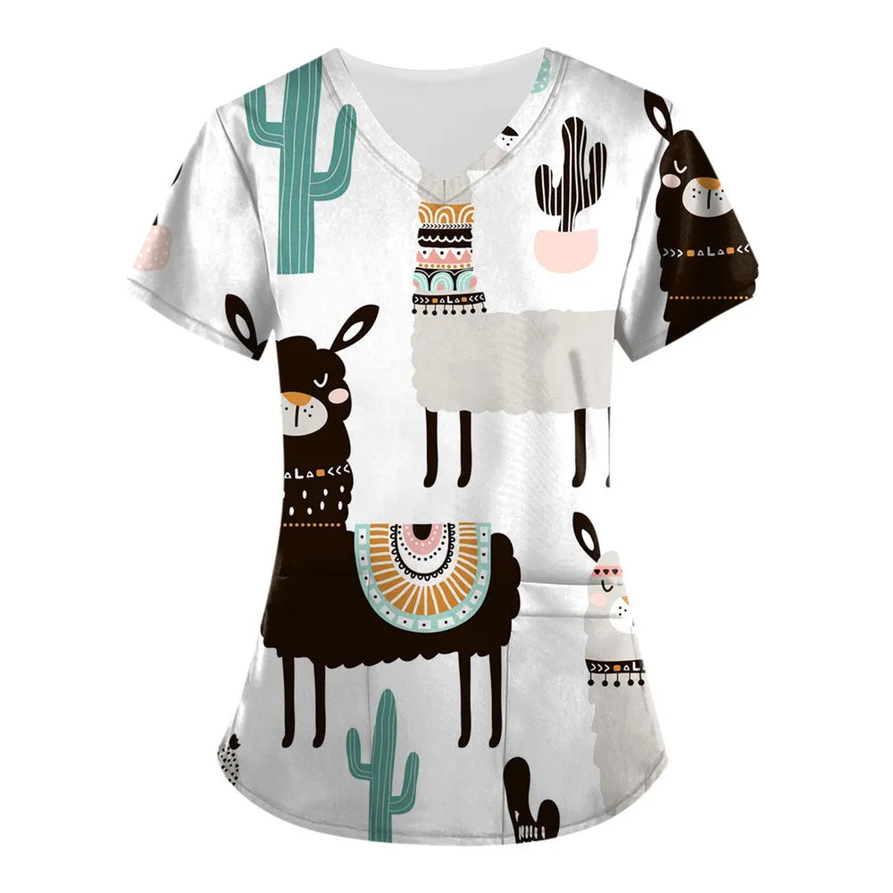 Medical Nursing Uniform Cute Animals Print V-Neck Short Sleeve T Shirt