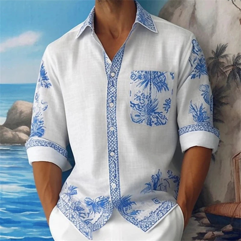 men's street casual bamboo long sleeved left patch pocket flip collar shirt