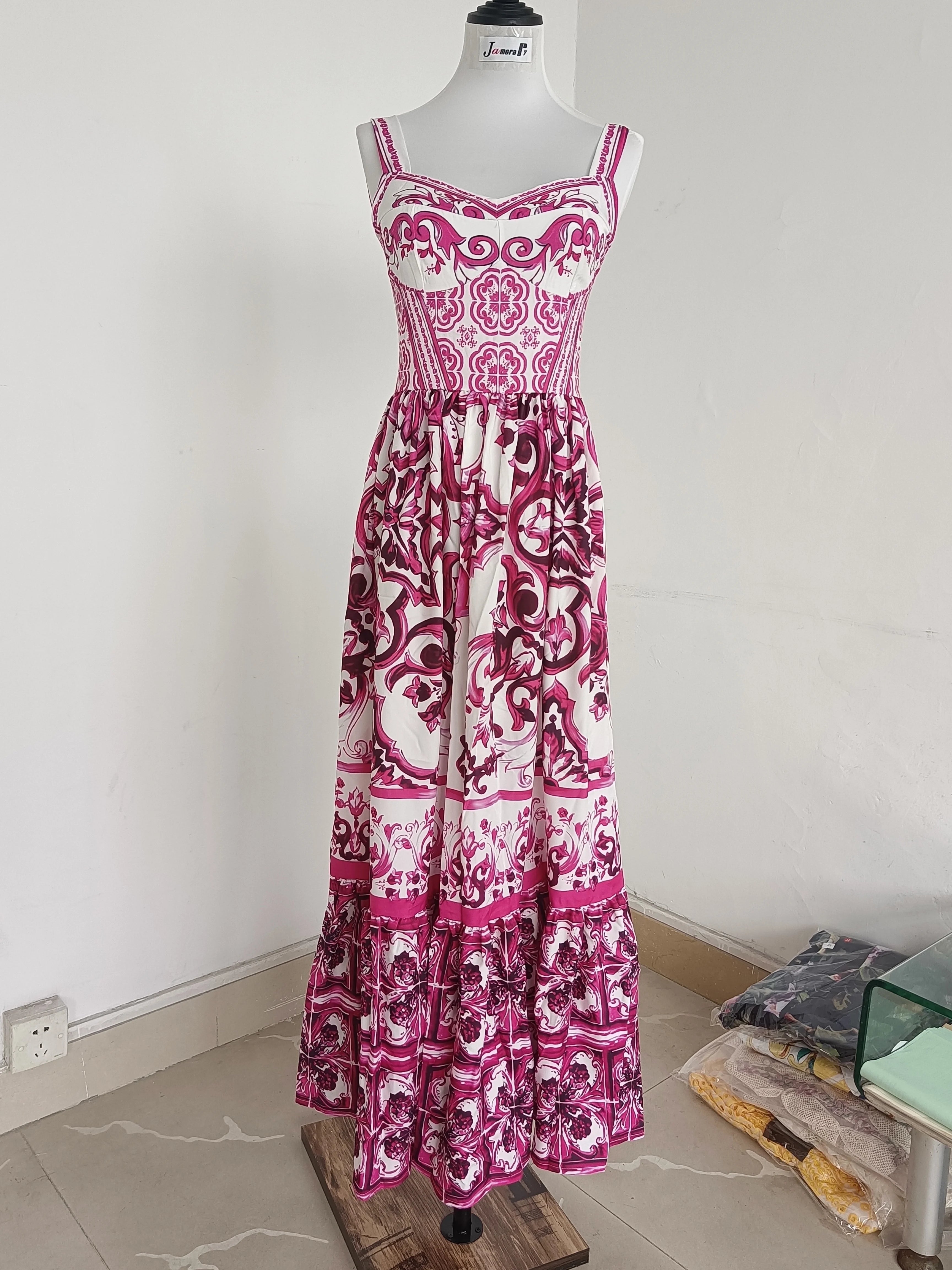 Summer Runway Red White Porcelain Floral Print Long Maxi