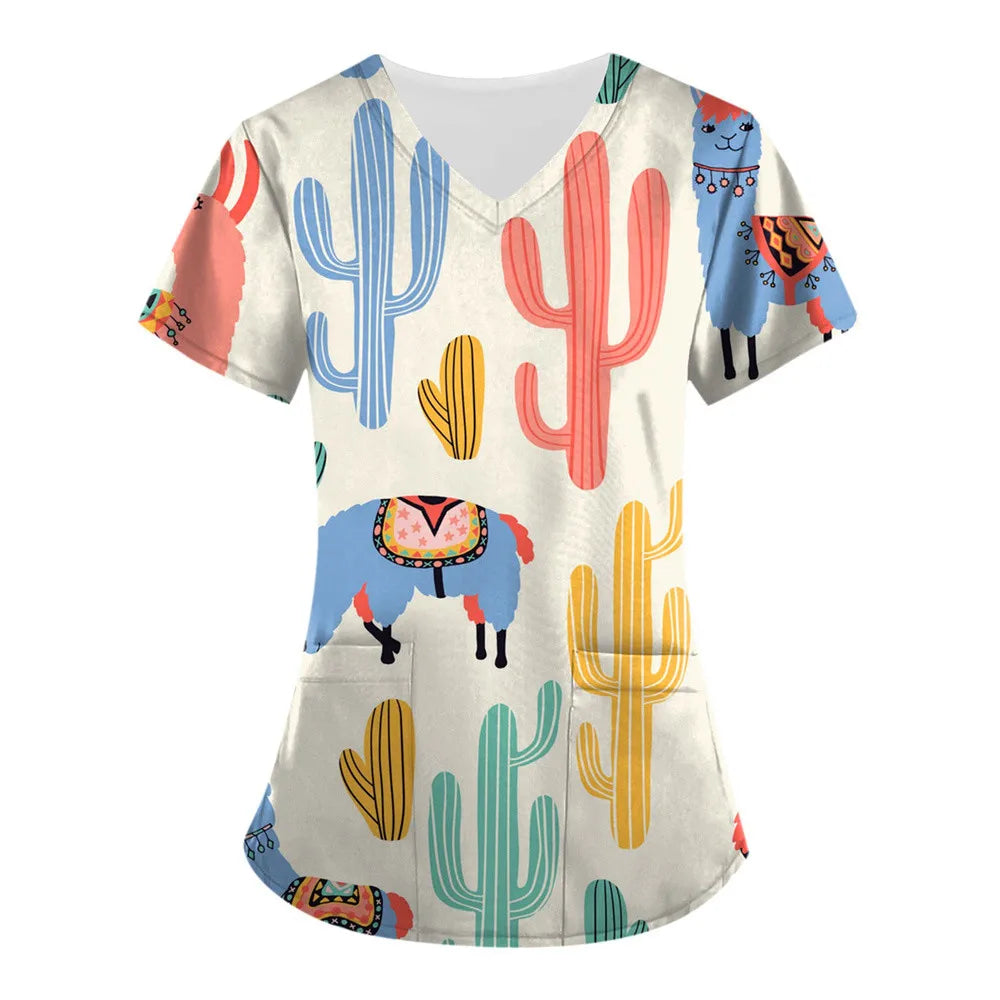 Medical Nursing Uniform Cute Animals Print V-Neck Short Sleeve T Shirt