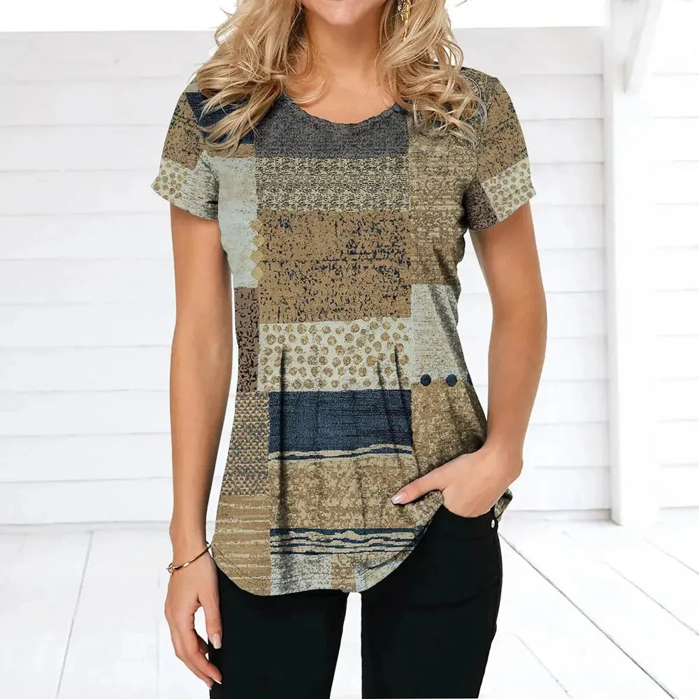 Women's O Neck Short Sleeve Blouse Oversized Ladies Tops