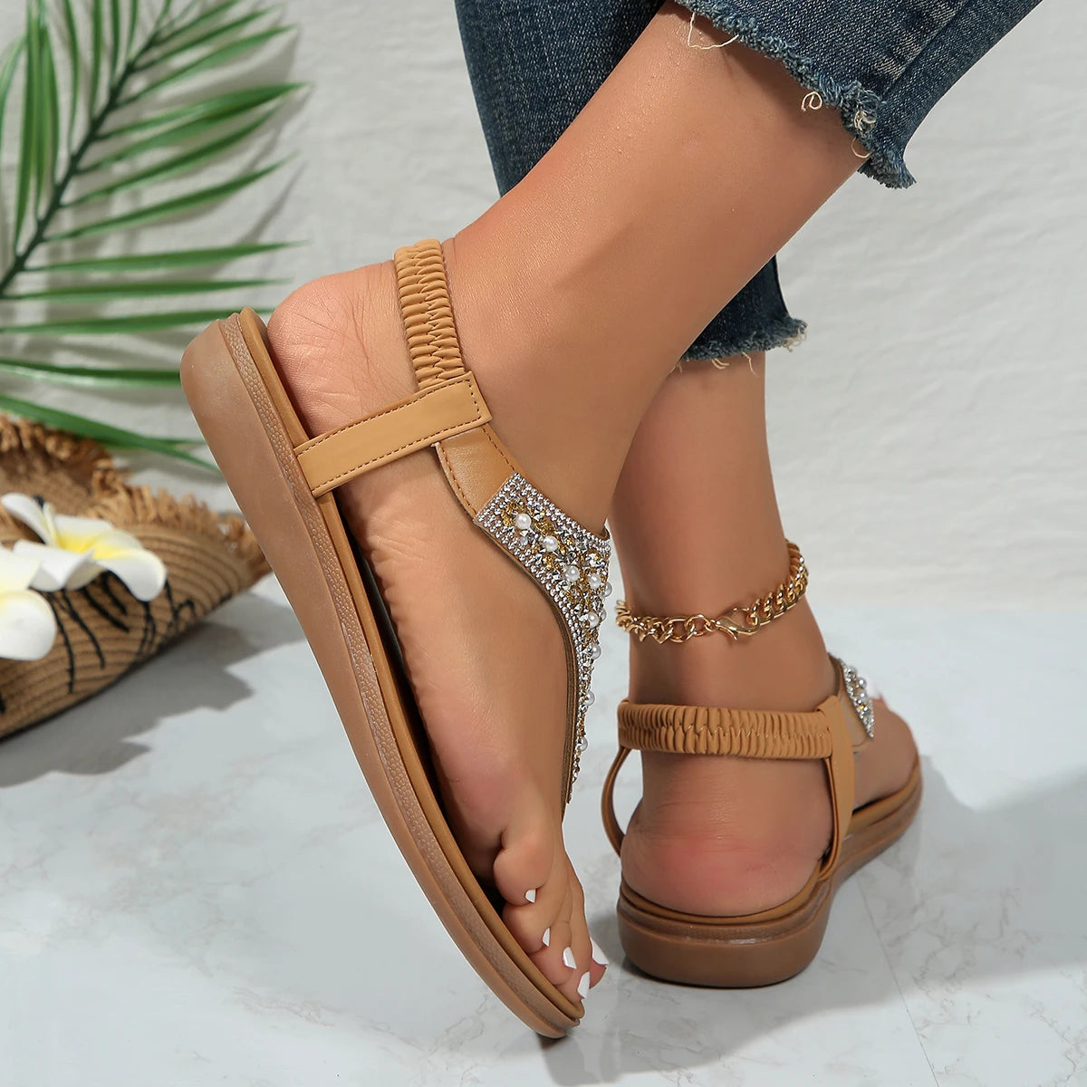 Toe Bohemian Style Sandals for Women Fashion Mix Color Pearl Rome Sandals