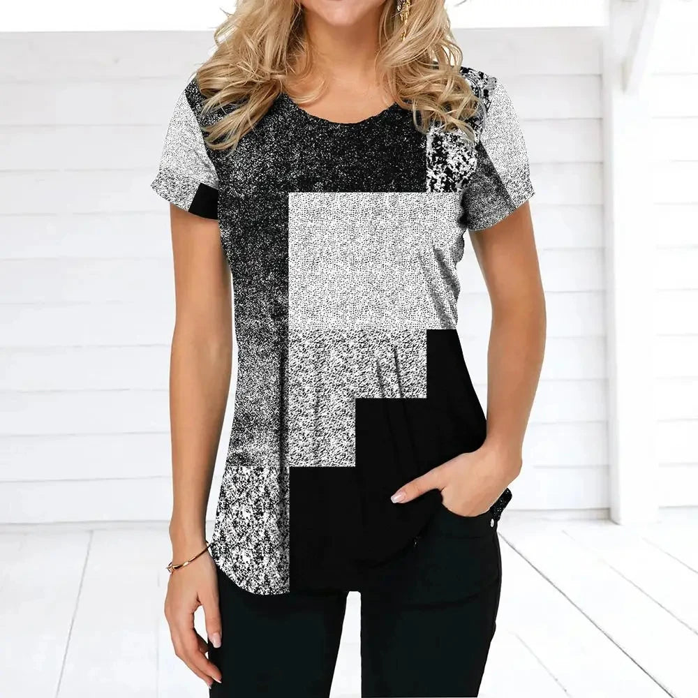 Women's T-shirt Plaid Print Tees Patchwork Clothes O Neck Short Sleeve Blouse