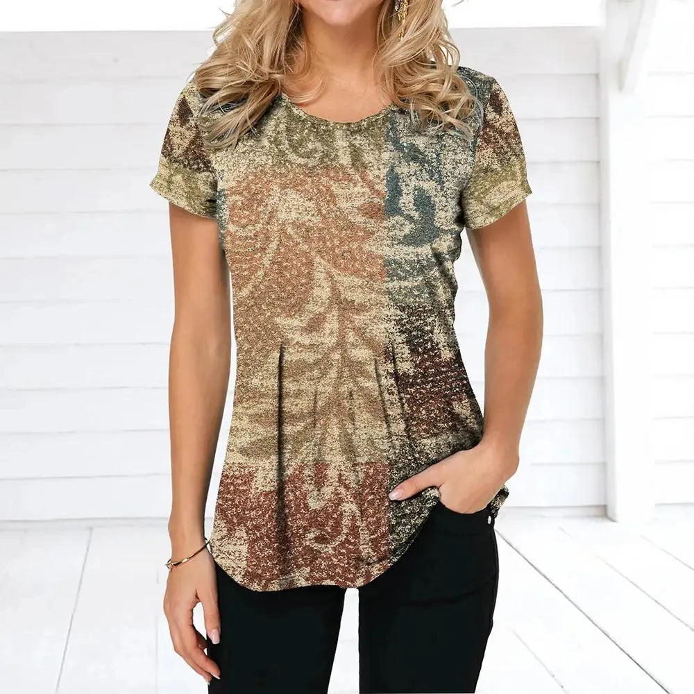 Women's T-shirt Plaid Print Tees Patchwork Clothes O Neck Short Sleeve Blouse