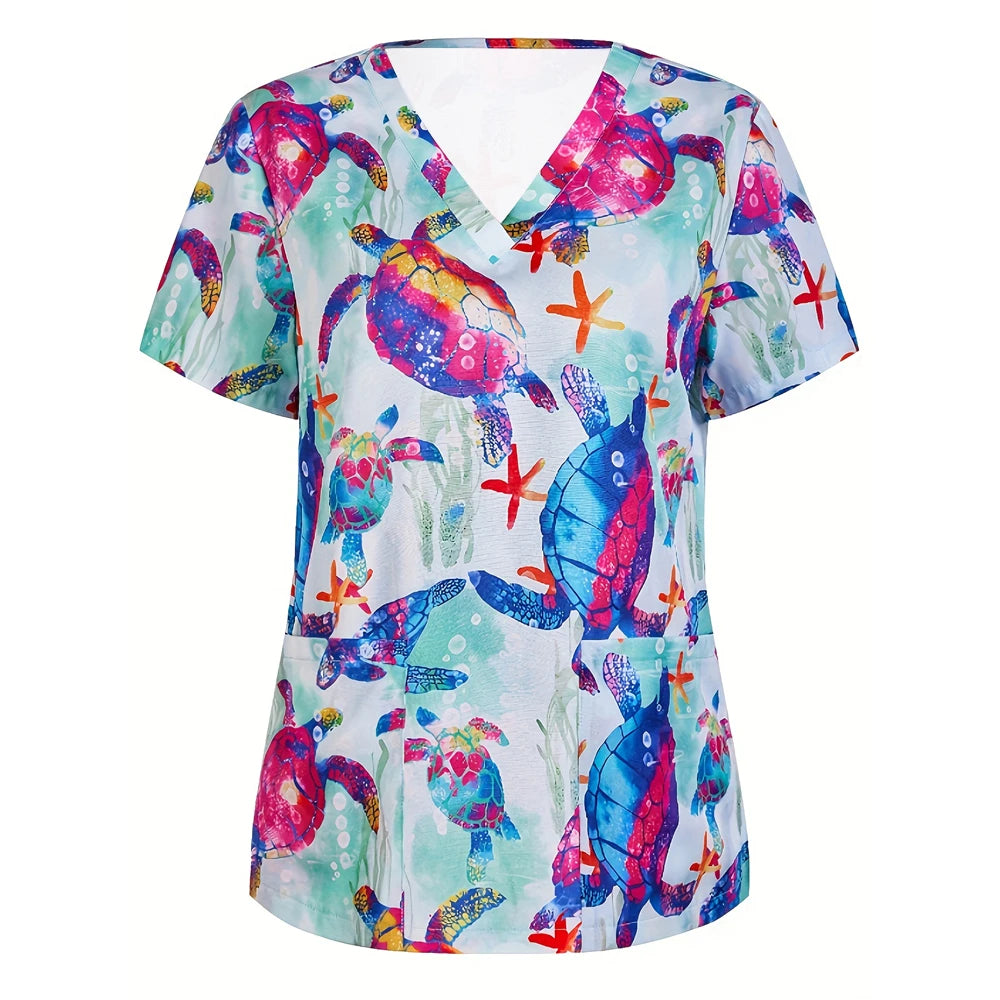 Medical Nursing Uniform Cute Animals Print V-Neck Short Sleeve T Shirt