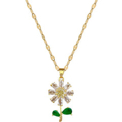 Green Leaf Flower Zircon Necklace and Earrings Set