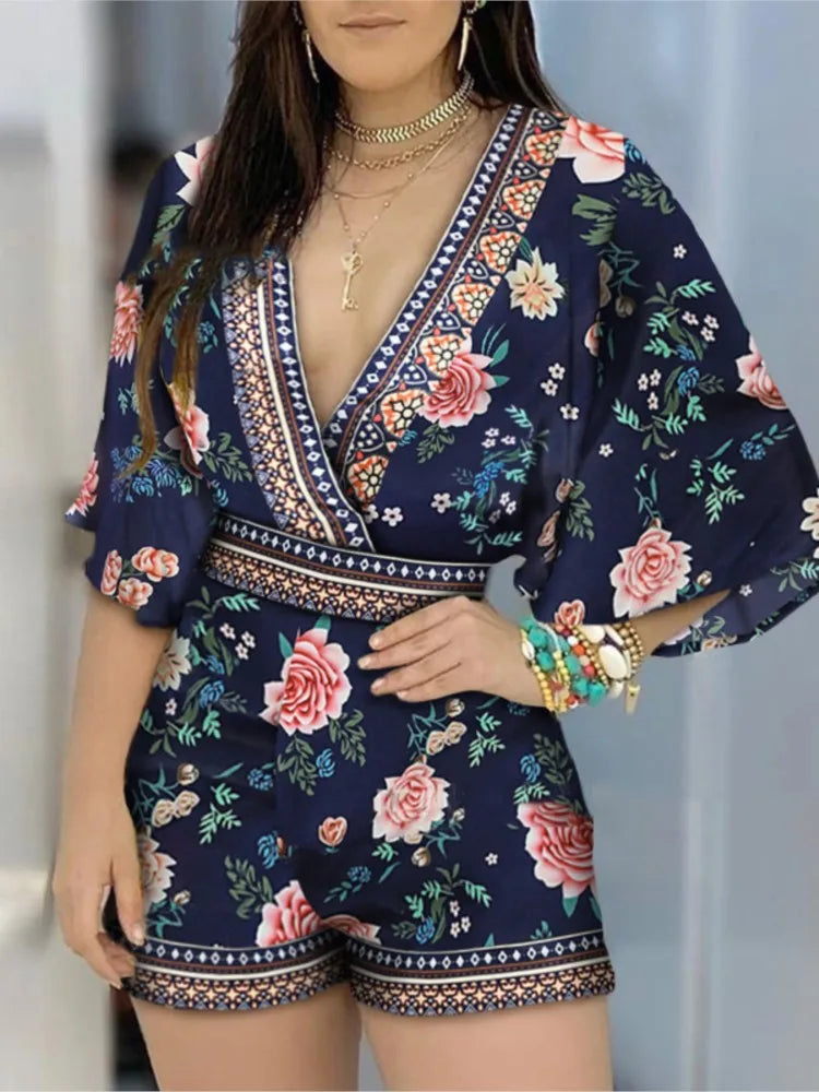 Women's Overalls V-neck Short Sleeve Romper Playsuit