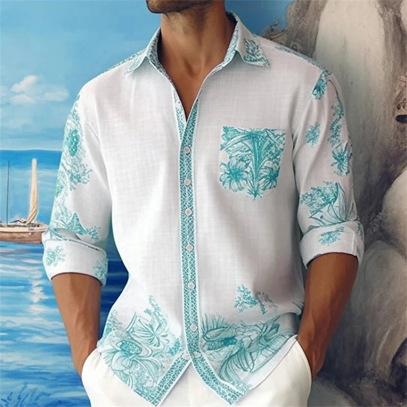 men's street casual bamboo long sleeved left patch pocket flip collar shirt