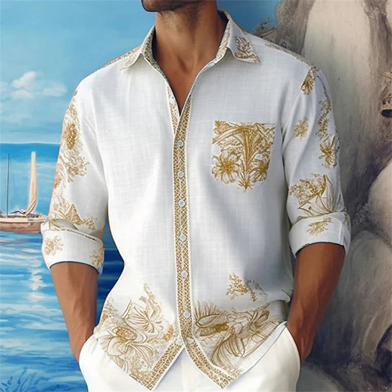 men's street casual bamboo long sleeved left patch pocket flip collar shirt