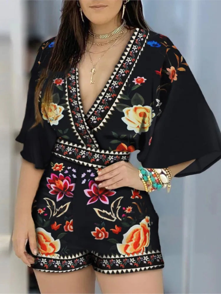 Women's Overalls V-neck Short Sleeve Romper Playsuit