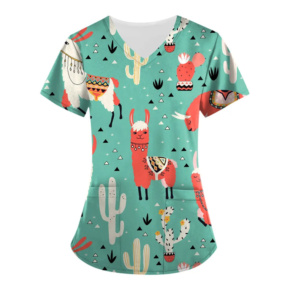 Medical Nursing Uniform Cute Animals Print V-Neck Short Sleeve T Shirt