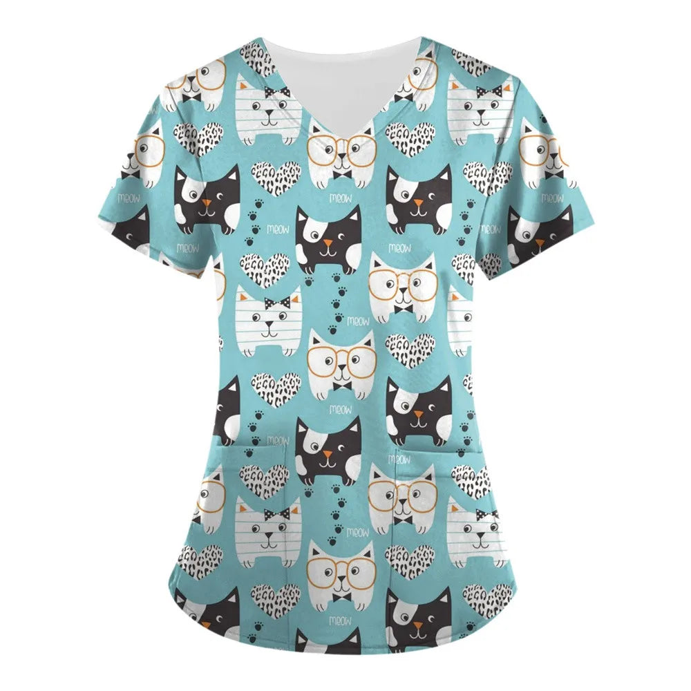 Medical Nursing Uniform Cute Animals Print V-Neck Short Sleeve T Shirt