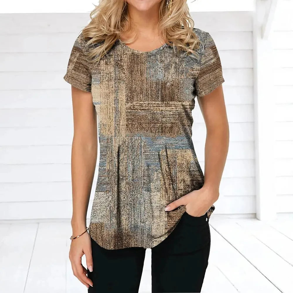 Women's T-shirt Plaid Print Tees Patchwork Clothes O Neck Short Sleeve Blouse