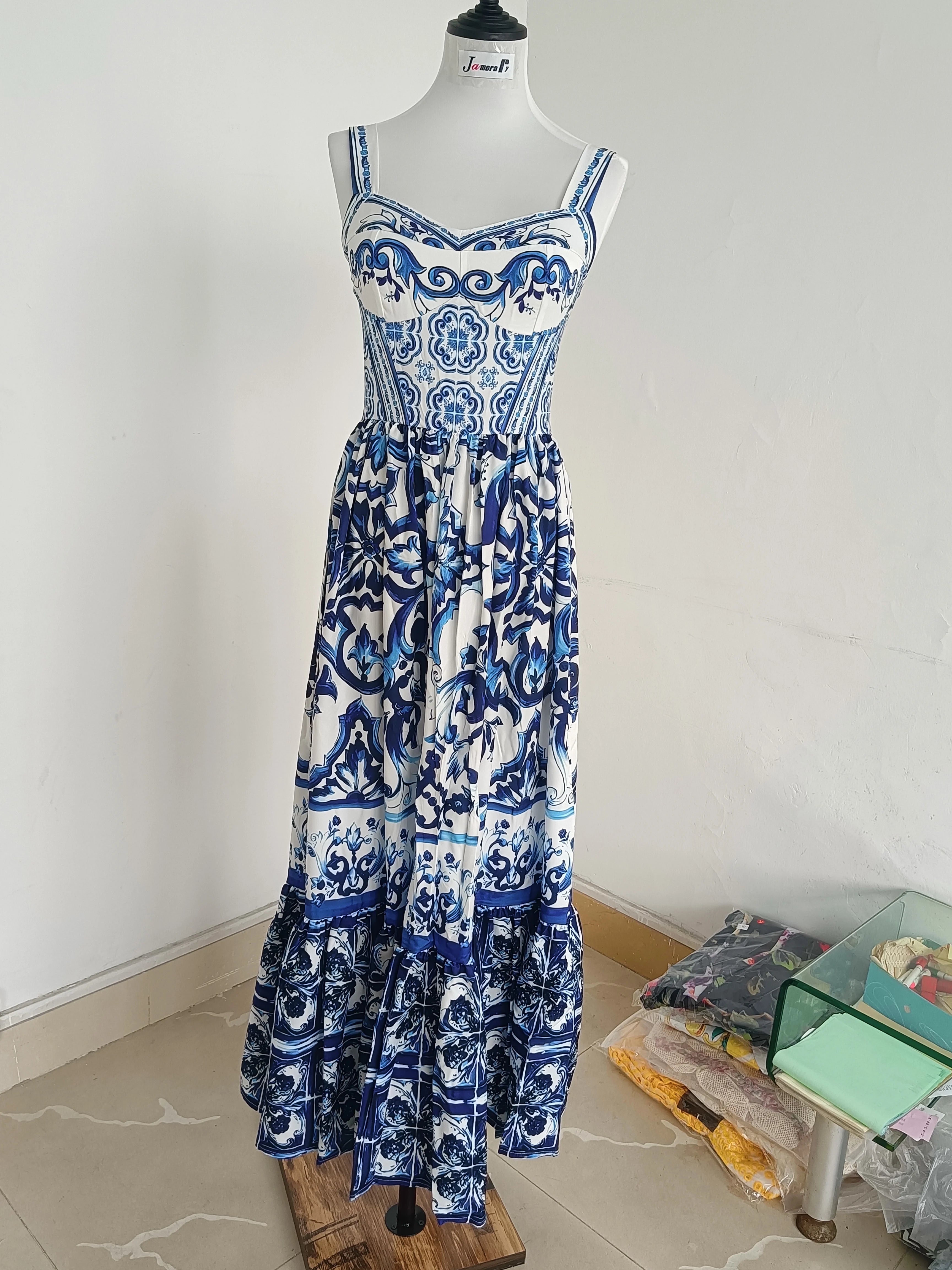 Summer Runway Red White Porcelain Floral Print Long Maxi