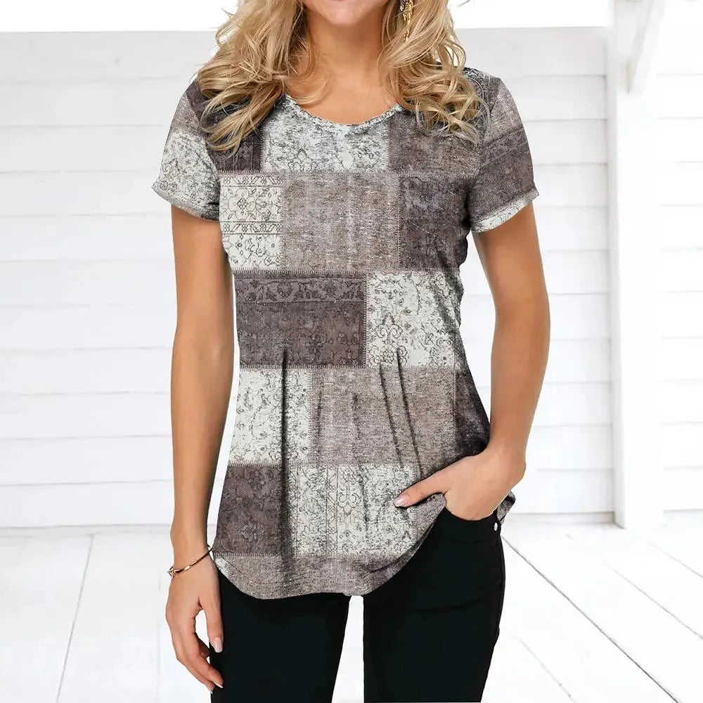 Women's T-shirt Plaid Print Tees Patchwork Clothes O Neck Short Sleeve Blouse