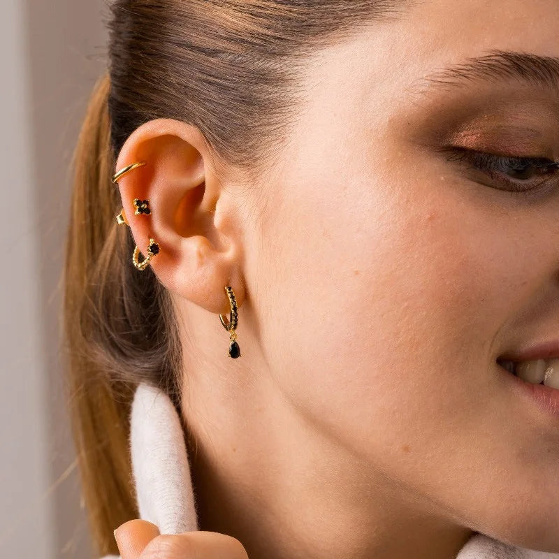 Fashion Multicolor Zircon Water Drop Small Hoop Earrings for Women Stainless Steel Pendant Piercing Earrings Set