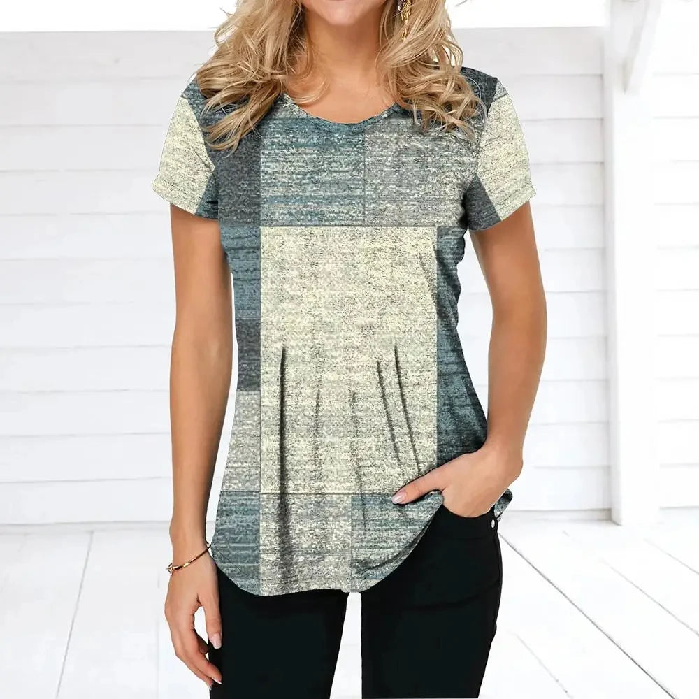 Women's T-shirt Plaid Print Tees Patchwork Clothes O Neck Short Sleeve Blouse