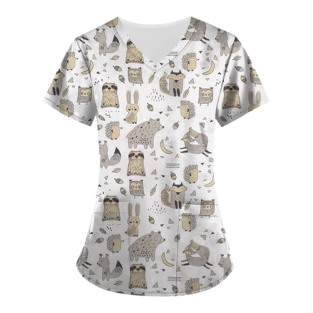 Medical Nursing Uniform Cute Animals Print V-Neck Short Sleeve T Shirt