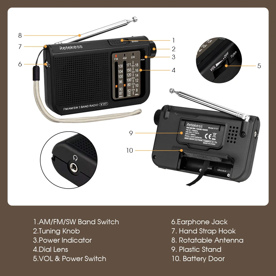 Retekess V117 Radio FM Portable Radios AM FM SW All Waves Radio 