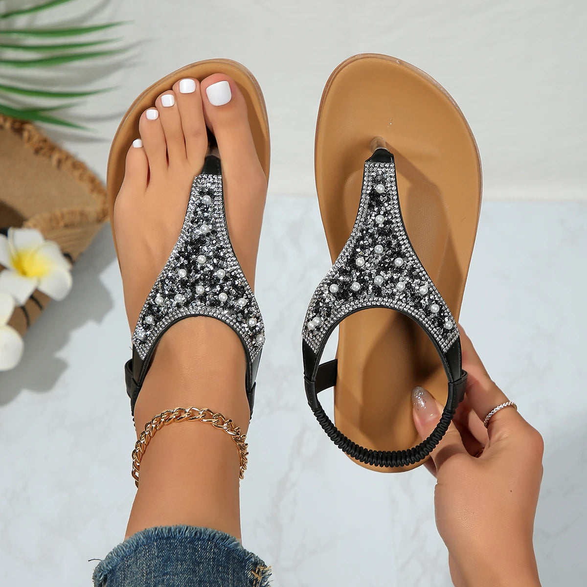 Toe Bohemian Style Sandals for Women Fashion Mix Color Pearl Rome Sandals