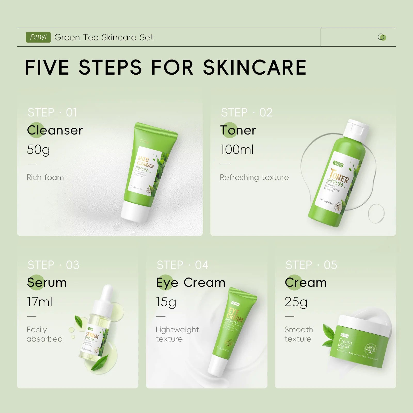 Green Tea Facial Cleaner Soothes Skin Face Toner tea Serum Moisturizing Cream