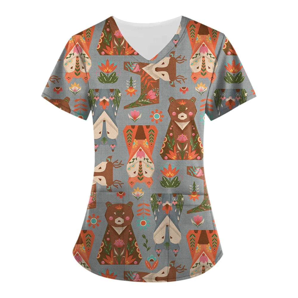 Medical Nursing Uniform Cute Animals Print V-Neck Short Sleeve T Shirt