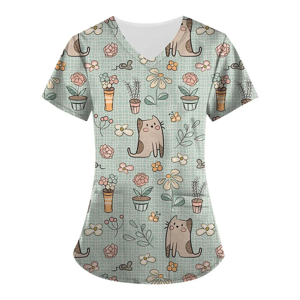 Medical Nursing Uniform Cute Animals Print V-Neck Short Sleeve T Shirt