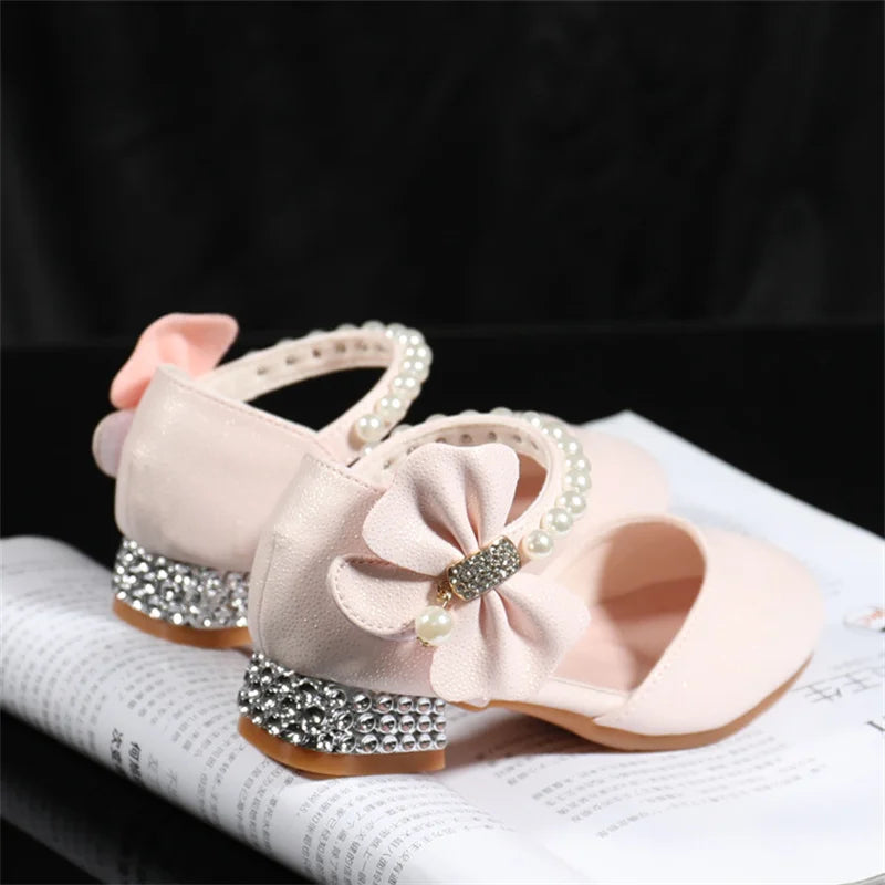 Children Girls Leather White Princess High Heel Kid Dress Student Show Dance Sandal Shoes