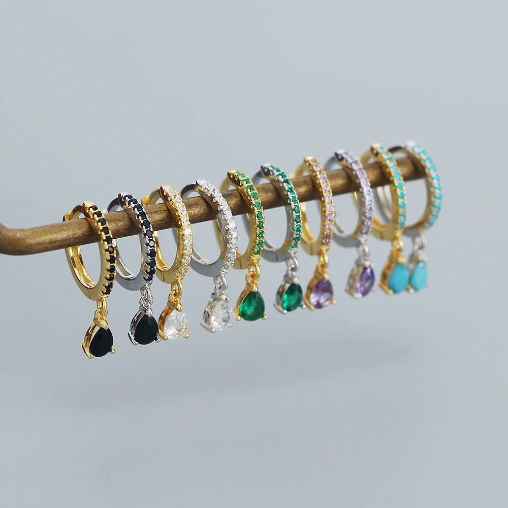Fashion Multicolor Zircon Water Drop Small Hoop Earrings for Women Stainless Steel Pendant Piercing Earrings Set