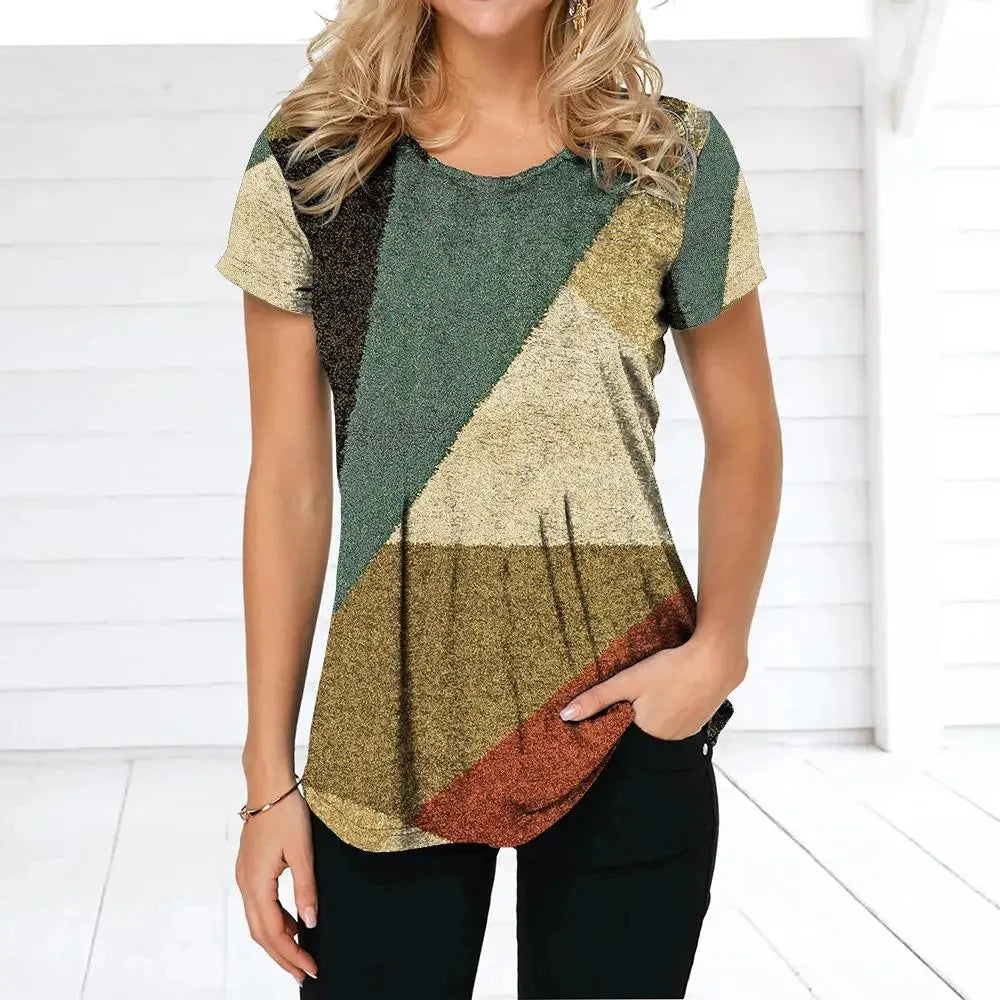 Women's T-shirt Plaid Print Tees Patchwork Clothes O Neck Short Sleeve Blouse