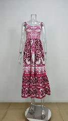 Summer Runway Red White Porcelain Floral Print Long Maxi