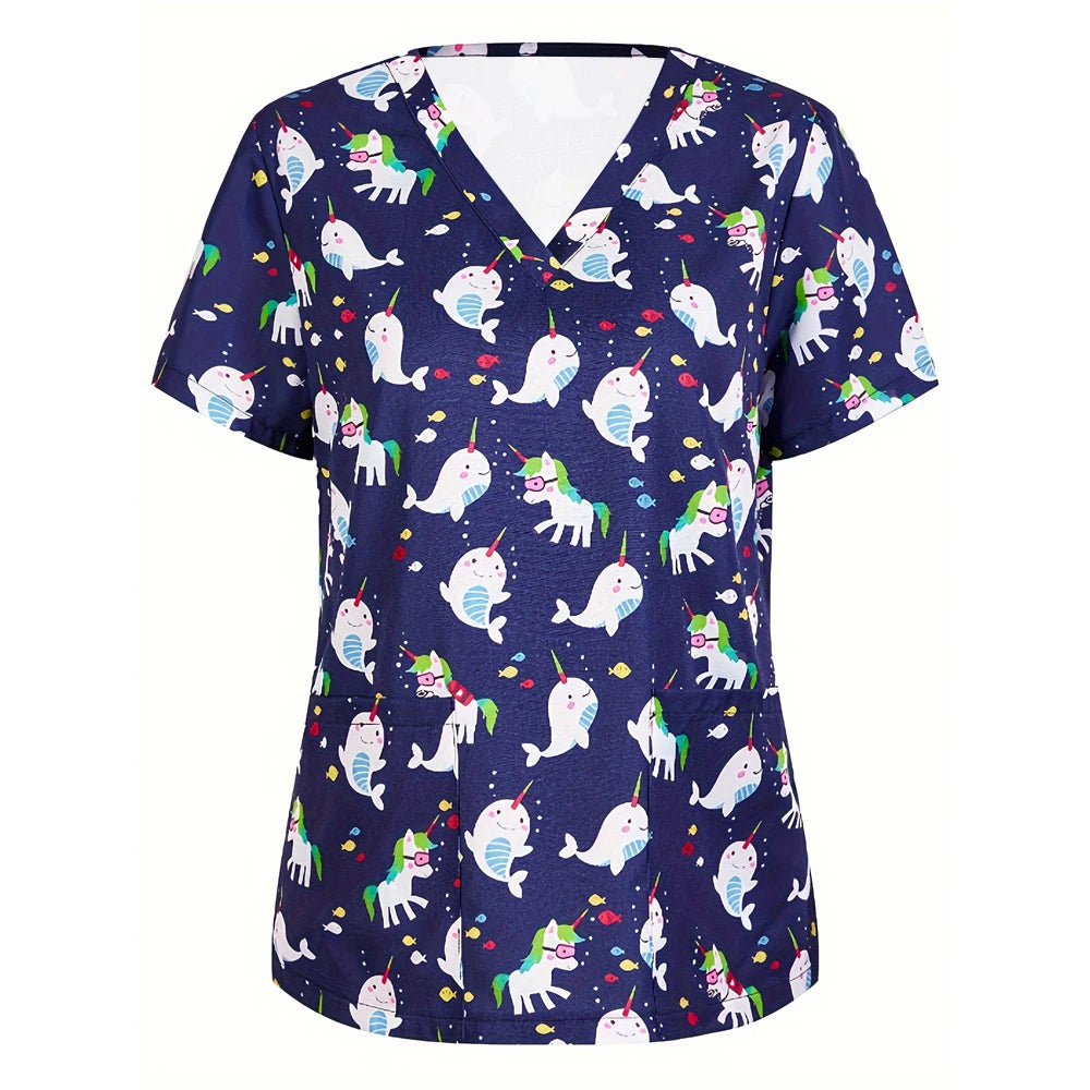 Medical Nursing Uniform Cute Animals Print V-Neck Short Sleeve T Shirt