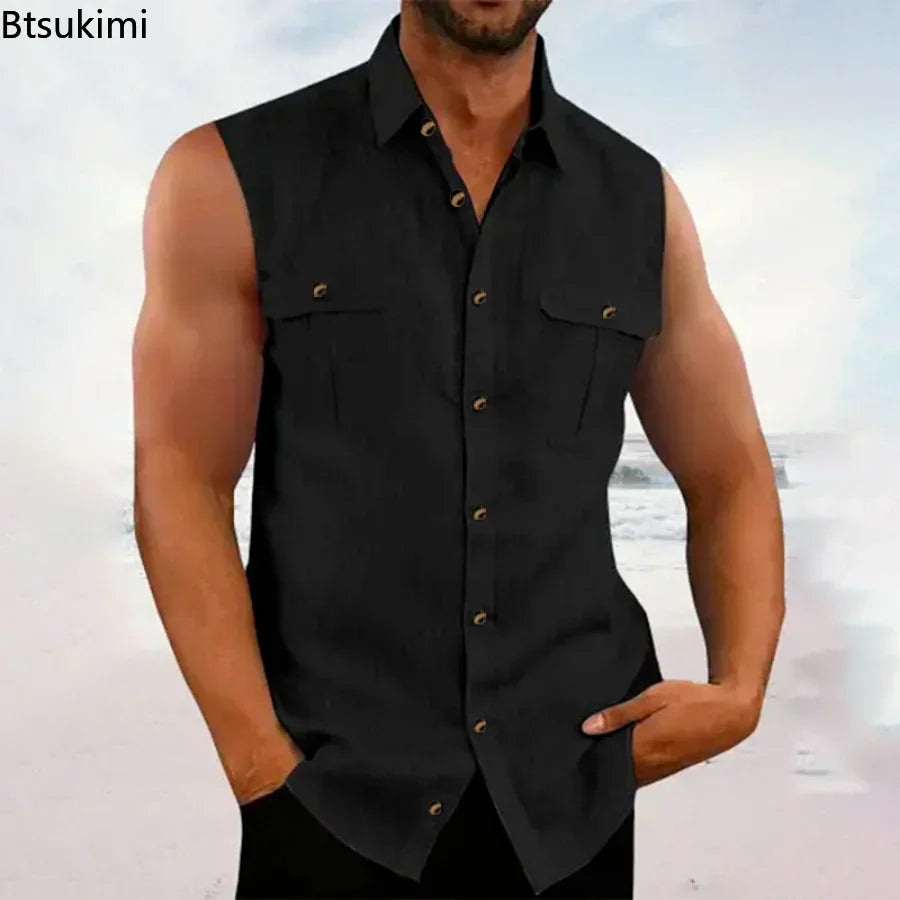 Spring Summer Men's Leisure Cotton Linen Tank Tops Casual Solid Color Buttoned Lapel Sleeveless Vest Shirt